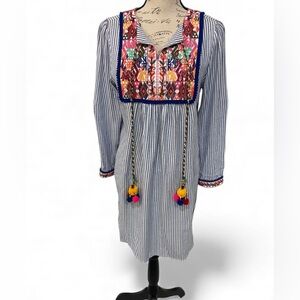 Chelsea & Theodore Petite Embroidered Boho Tassel Tunic Dress PM NWOT
